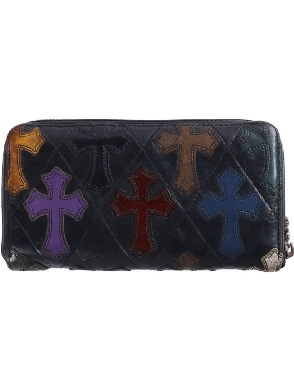 Chrome Hearts Rec Zip Quilted Multi Patch Cemetery Cross Leather Wallet